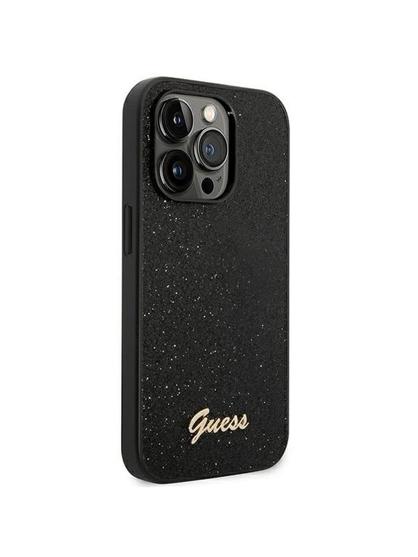 GUESS futerał do IPHONE 14 Pro GUHCP14LHGGSHK (Glitter Flakes Script Metal Logo) czarny