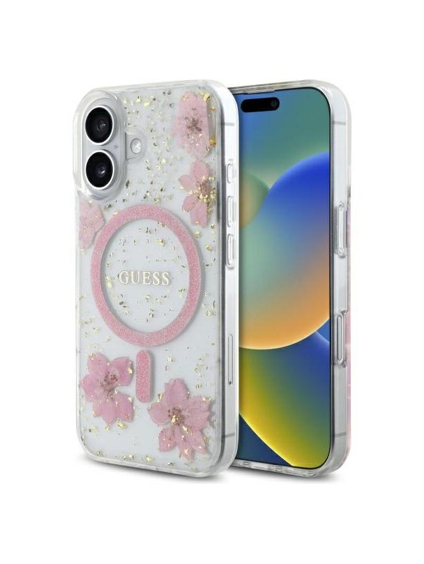 GUESS futerał do IPHONE 16 kompatybilny z MagSafe GUHMP16SRBFGFGMP (Resin Flowers and Glitter) pink