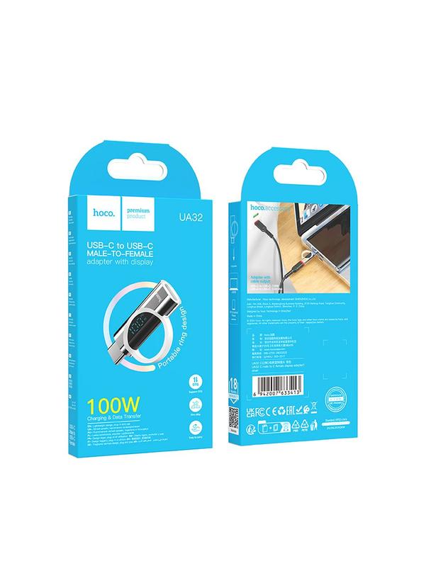 Adapter USB C do USB C Hoco 5A 100W z wyświetlaczem UA32 srebrny