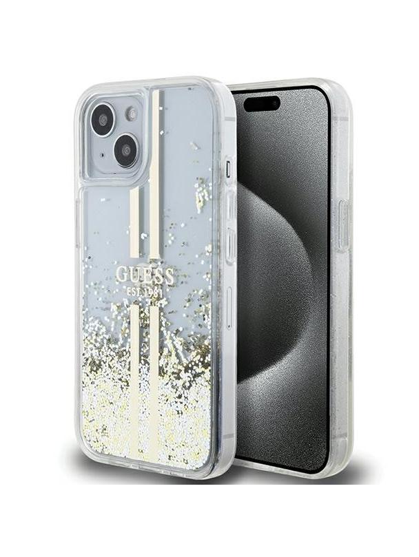 GUESS futerał do IPHONE 15 GUHCP15SLFCSEGT (Liquid Glitter Gold Stripes) transparentny