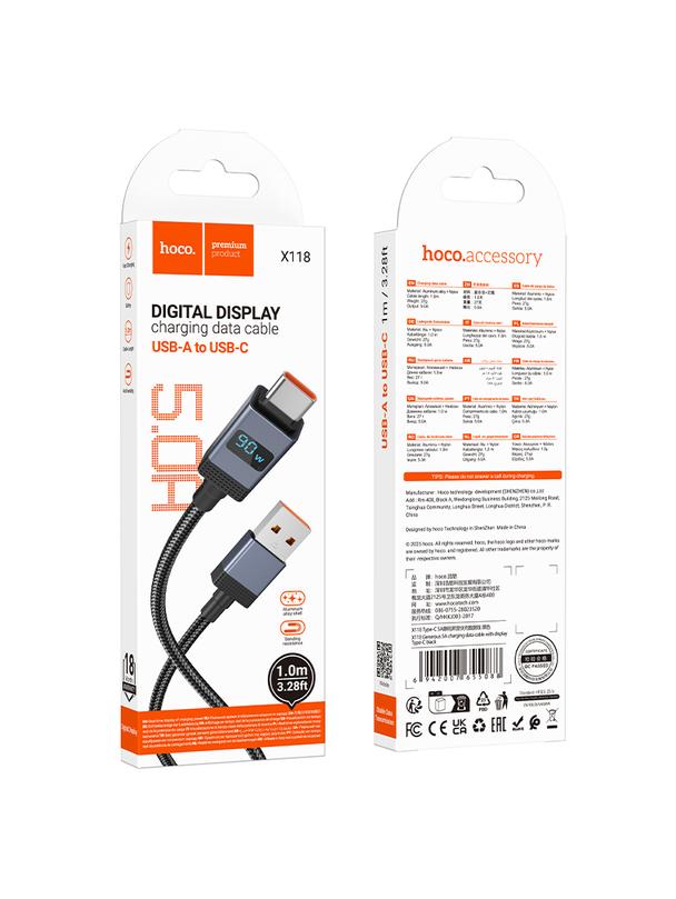 Kabel USB A do USB C Hoco 5A z wyświetlaczem 1 m X118 czarny