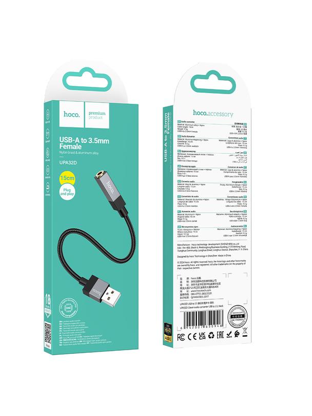 Adapter AUX USB A (męski) do Jack 3,5 mm (żeński) Hoco UPA32D czarny