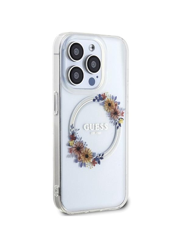 GUESS futerał do IPHONE 15 Pro kompatybilny z MagSafe GUHMP15LHFWFCT (Flowers Wreath) transparentny