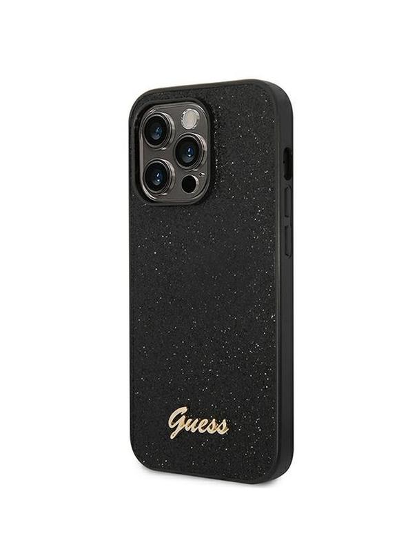 GUESS futerał do IPHONE 14 Pro GUHCP14LHGGSHK (Glitter Flakes Script Metal Logo) czarny