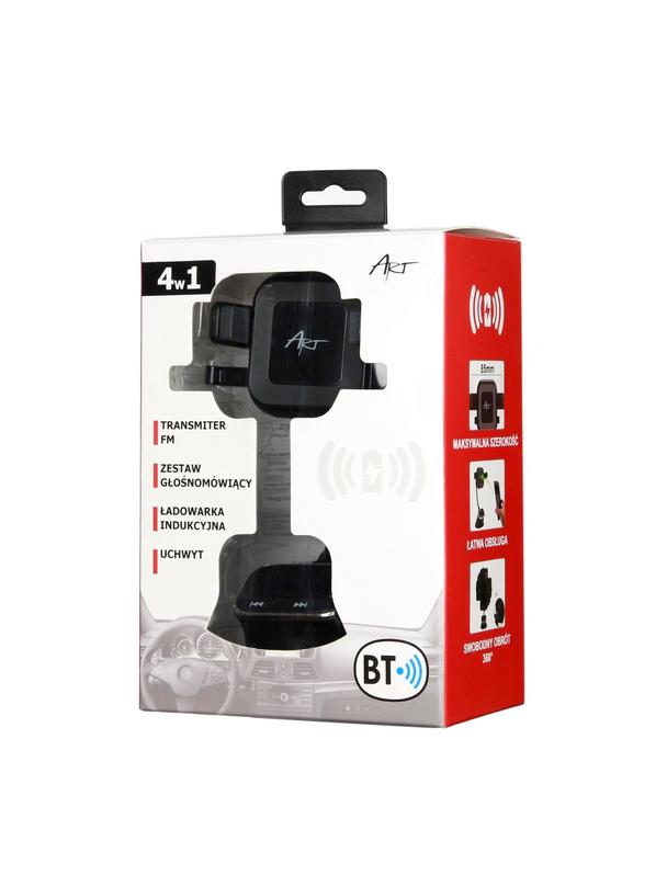 Uchwyt samochodowy uniwersalny 4w1 (zest. głośnomówiący, ładowarka indukcyjna/bezprzewodowa 10W, transmiter FM) MP3TR FM-09BT