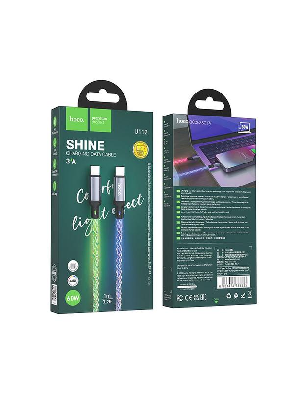 Kabel USB C do USB C Hoco 3A 60W LED 1 m U112 szary
