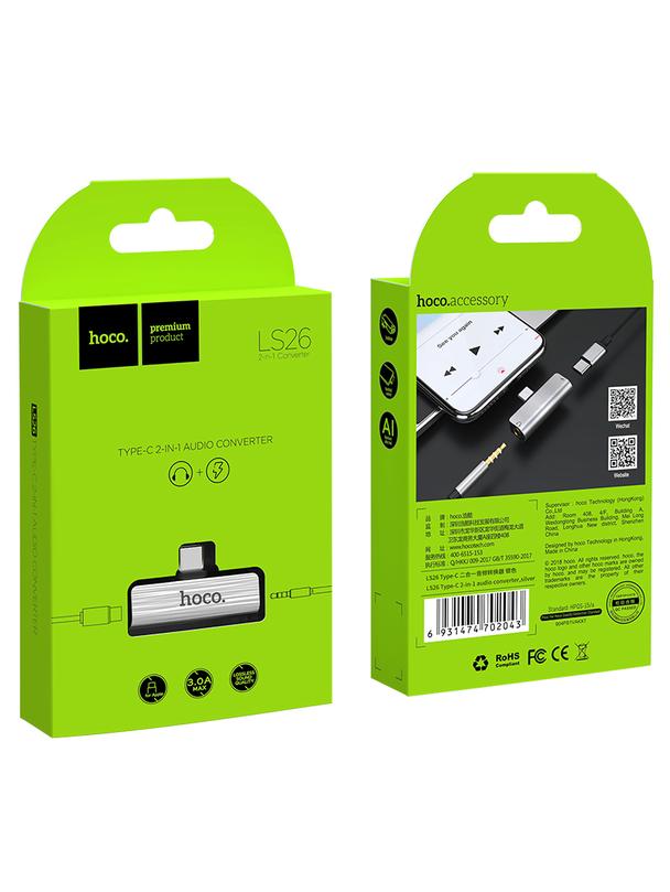 Adapter AUX 2w1 USB C do Jack 3,5 mm / USB C Hoco LS26 srebrny