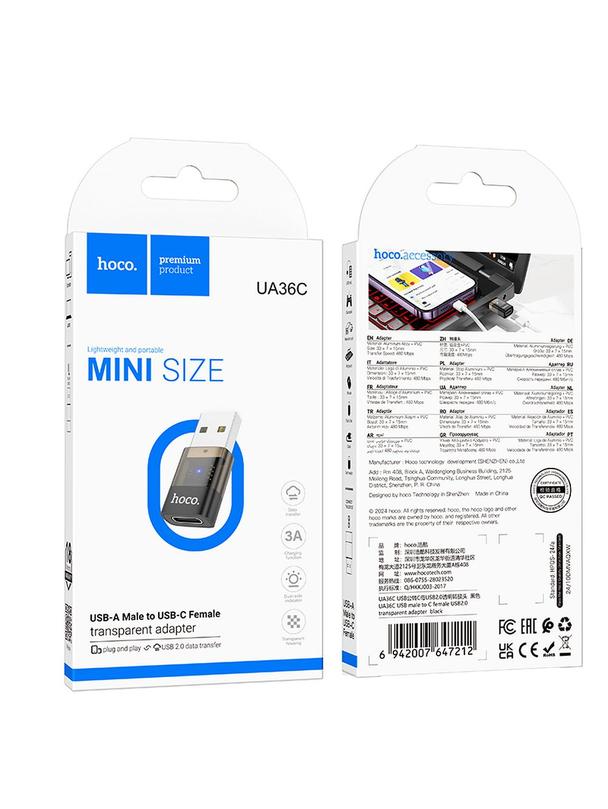 Adapter USB A do USB C Hoco UA36C transparentny czarny