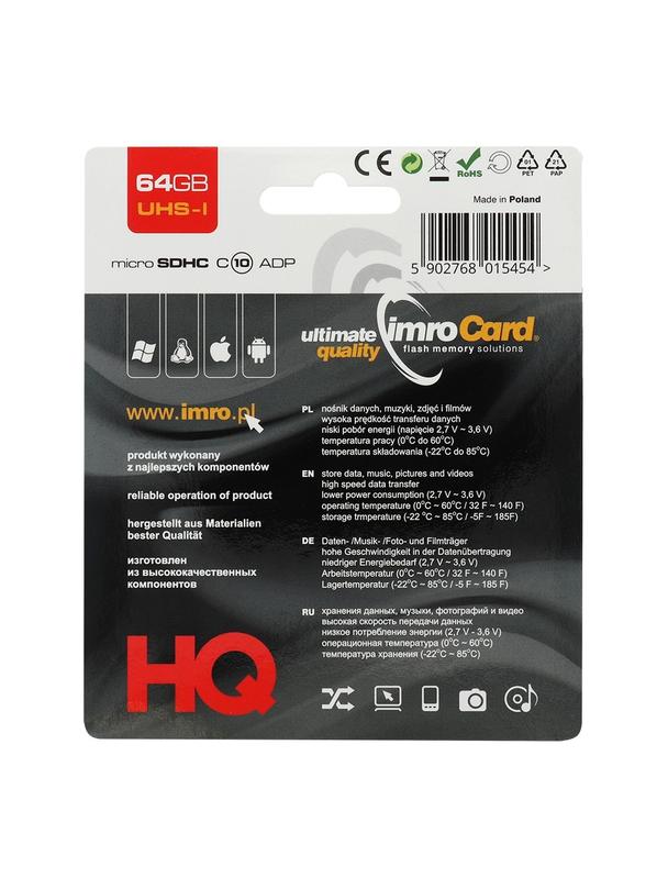 IMRO karta pamięci microSD 64GB 100MB/s class 10 UHS I z adapterem SD