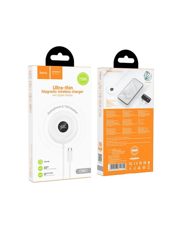 Ładowarka indukcyjna Hoco 2A 15W zgodna z MagSafe z wyświetlaczem CW61 biała