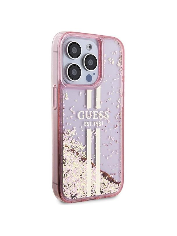 GUESS futerał do IPHONE 15 Pro GUHCP15LLFCSEGP (Liquid Glitter Gold Stripes) różowy