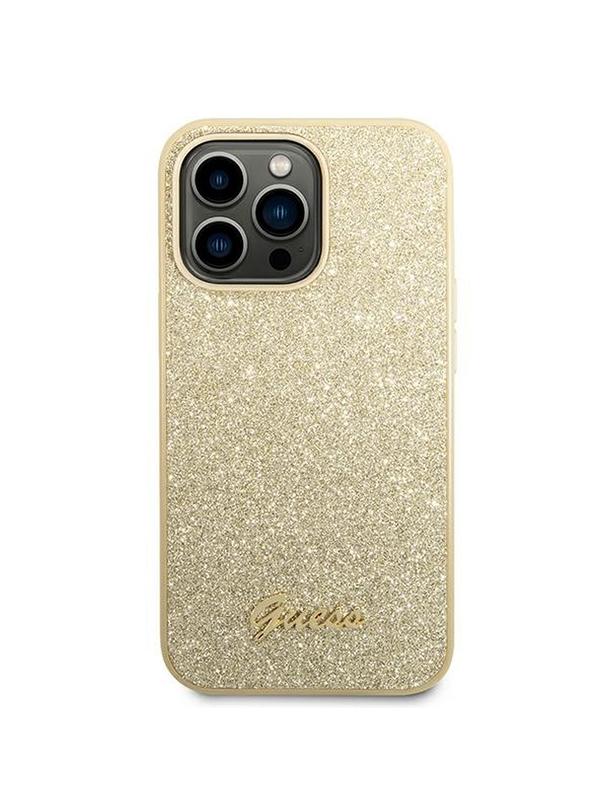 GUESS futerał do IPHONE 14 Pro Max GUHCP14XHGGSHD (Glitter Flakes Script Metal Logo) złoty