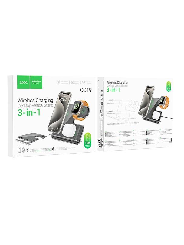 Ładowarka indukcyjna Hoco 3w1 15W zgodna z MagSafe i APPLE Watch CQ19 szara