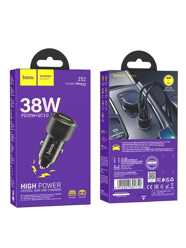 Ładowarka samochodowa Hoco USB A + USB C QC PD 38W Z52 transparentny czarny