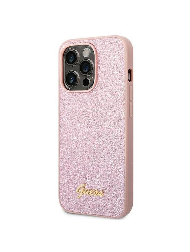 GUESS futerał do IPHONE 14 Pro GUHCP14LHGGSHP (Glitter Flakes Script Metal Logo) różowy