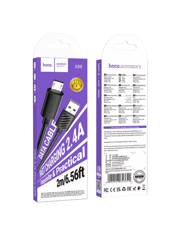 Kabel USB A do Micro USB Hoco 2,4A 2 m X88 czarny