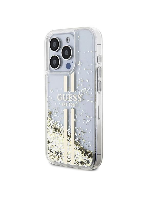 GUESS futerał do IPHONE 15 Pro GUHCP15LLFCSEGT (Liquid Glitter Gold Stripes) transparentny