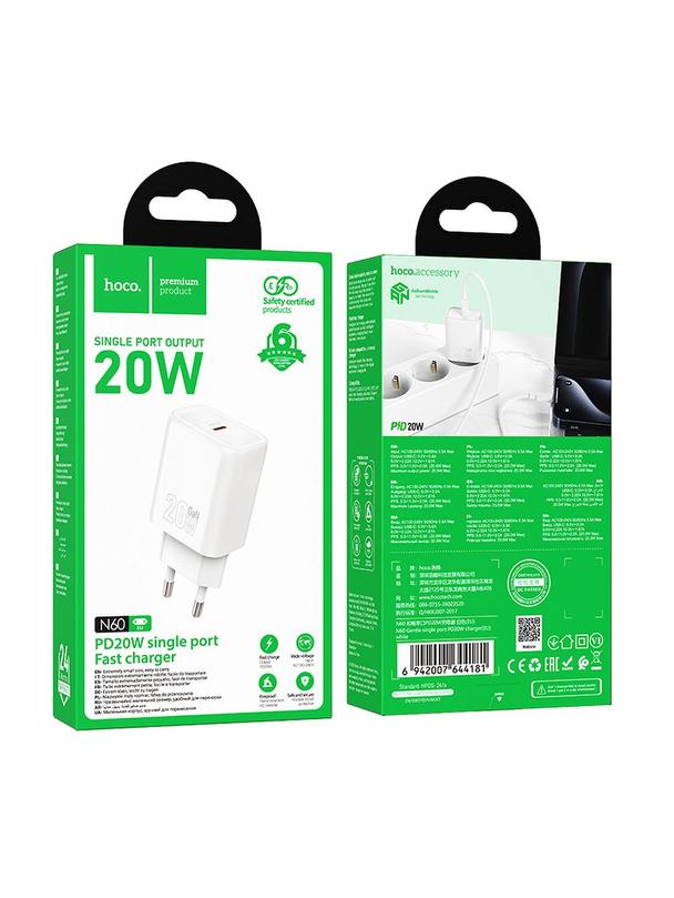 Ładowarka sieciowa do telefonu Hoco USB C QC PD 20W N60 biała