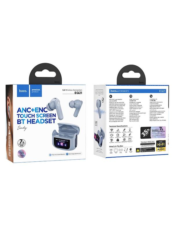 Słuchawki bezprzewodowe douszne Hoco z ekranem dotykowym TWS ANC ENC EQ21 niebieskie