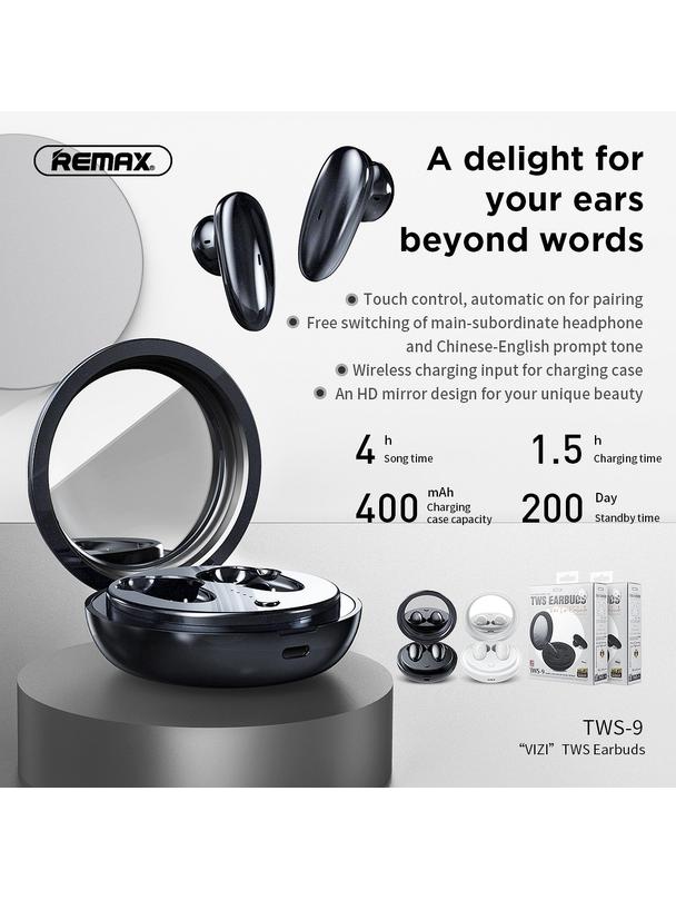 REMAX słuchawki bezprzewodowe bluetooth TWS-9 ze stacją dokującą i lusterkiem czarne