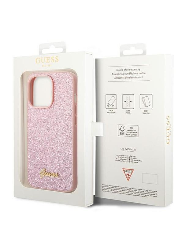 GUESS futerał do IPHONE 14 Pro GUHCP14LHGGSHP (Glitter Flakes Script Metal Logo) różowy