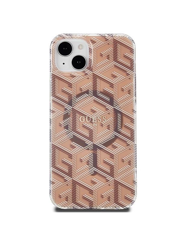 GUESS futerał do IPHONE 15 kompatybilny z MagSafe GUHMP15SHGCUSTGW (IML GCUBE) brązowy