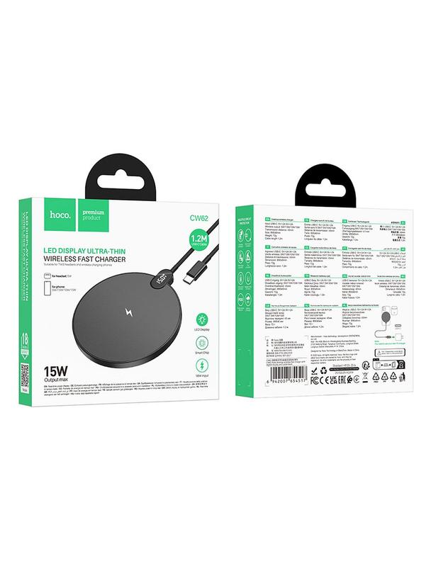 Ładowarka indukcyjna Hoco 15W z kablem USB C i wyświetlaczem CW62 czarna