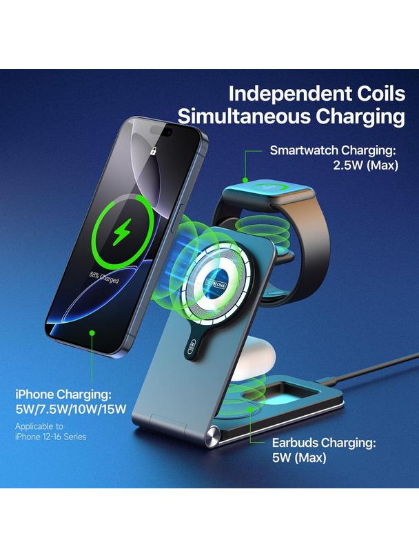 DUZZONA W22 - aluminiowa ładowarka indukcyjna, składana 3w1, kompatybilna z MagSafe 15W czarna