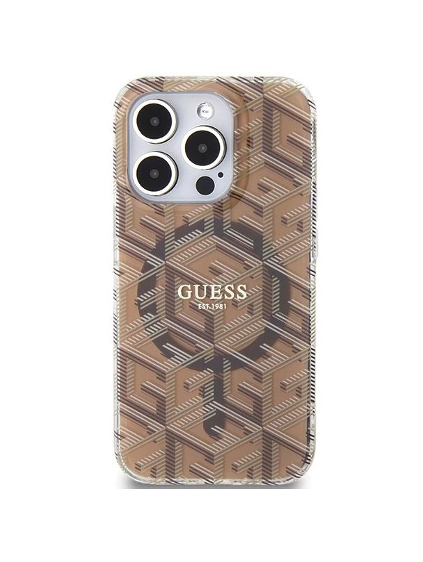 GUESS futerał do IPHONE 15 Pro kompatybilny z MagSafe GUHMP15LHGCUSTGW (IML GCUBE) brązowy