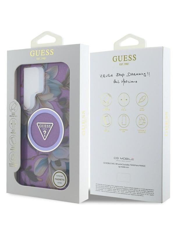 GUESS futerał do SAMSUNG S25 Ultra GUHMS25LHFLPEDU (Magnetic IML Metal Glitter Flowers Triangle) fioletowy
