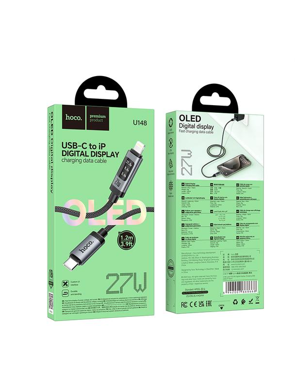 Kabel USB C do Lightning Hoco PD 27W 1,2 m z wyświetlaczem U148 czarny