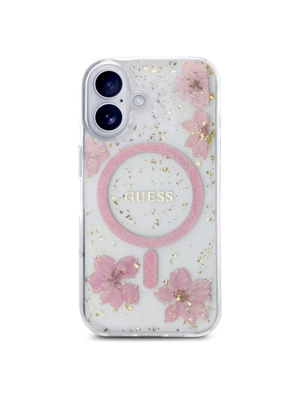 GUESS futerał do IPHONE 16 kompatybilny z MagSafe GUHMP16SRBFGFGMP (Resin Flowers and Glitter) pink