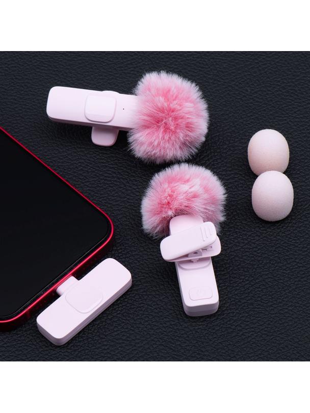 Mikrofon krawatowy bezprzewodowy Lightning podwójny z długim włosiem (2 w zestawie) K1 różowy