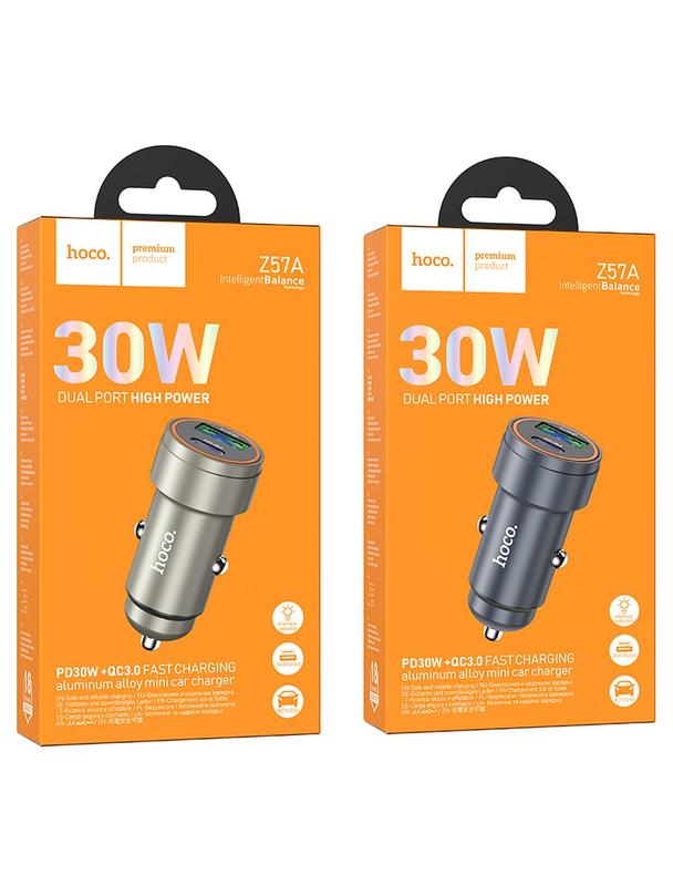 Ładowarka samochodowa Hoco USB A + USB C QC3.0 PD 3A 30W Z57A szara