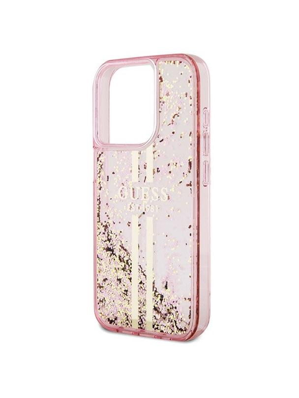 GUESS futerał do IPHONE 15 Pro GUHCP15LLFCSEGP (Liquid Glitter Gold Stripes) różowy