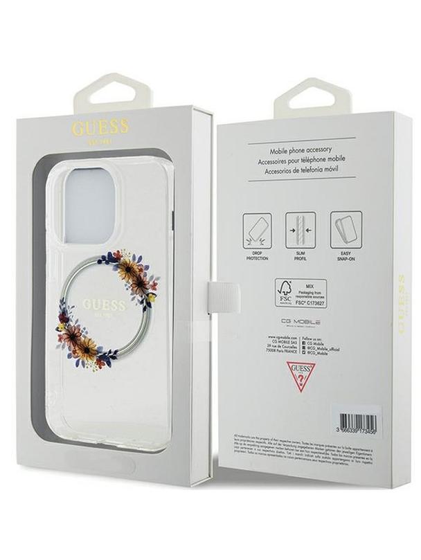 GUESS futerał do IPHONE 15 Pro kompatybilny z MagSafe GUHMP15LHFWFCT (Flowers Wreath) transparentny