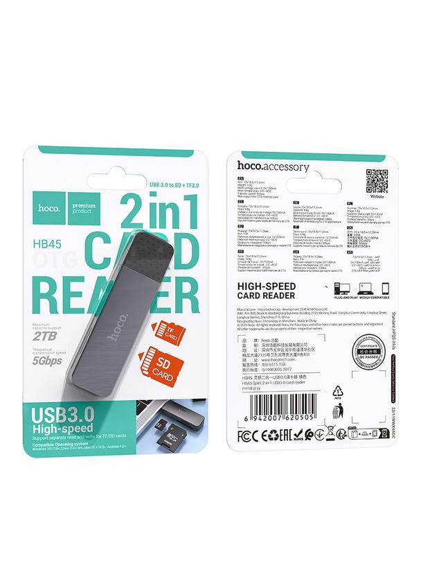 Czytnik kart SD / TF Hoco USB A 3.0 HB45 szary