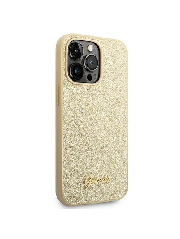 GUESS futerał do IPHONE 14 Pro Max GUHCP14XHGGSHD (Glitter Flakes Script Metal Logo) złoty