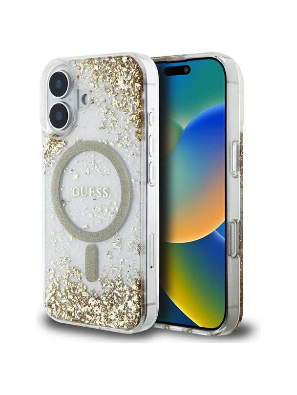 GUESS futerał do IPHONE 16 kompatybilny z MagSafe GUHMP16SRGRGED (Resin Bottom Glitter) złoty