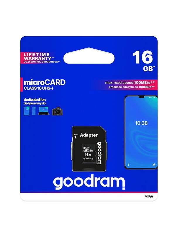 GOODRAM karta pamięci microSD 16GB 100MB/s class 10 UHS I z adapterem SD