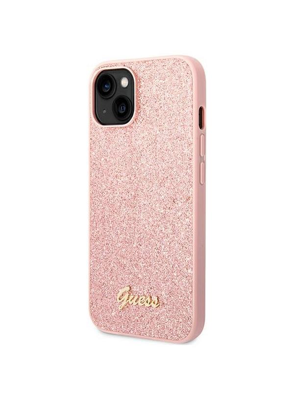 GUESS futerał do IPHONE 14 Plus GUHCP14MHGGSHP (Glitter Flakes Script Metal Logo) różowy