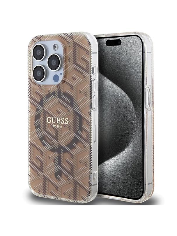 GUESS futerał do IPHONE 15 Pro kompatybilny z MagSafe GUHMP15LHGCUSTGW (IML GCUBE) brązowy