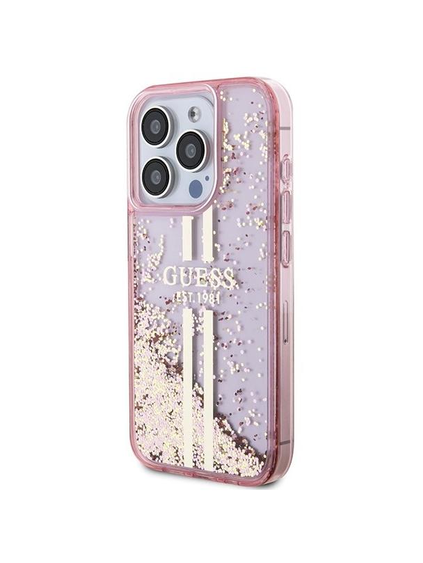GUESS futerał do IPHONE 15 Pro GUHCP15LLFCSEGP (Liquid Glitter Gold Stripes) różowy