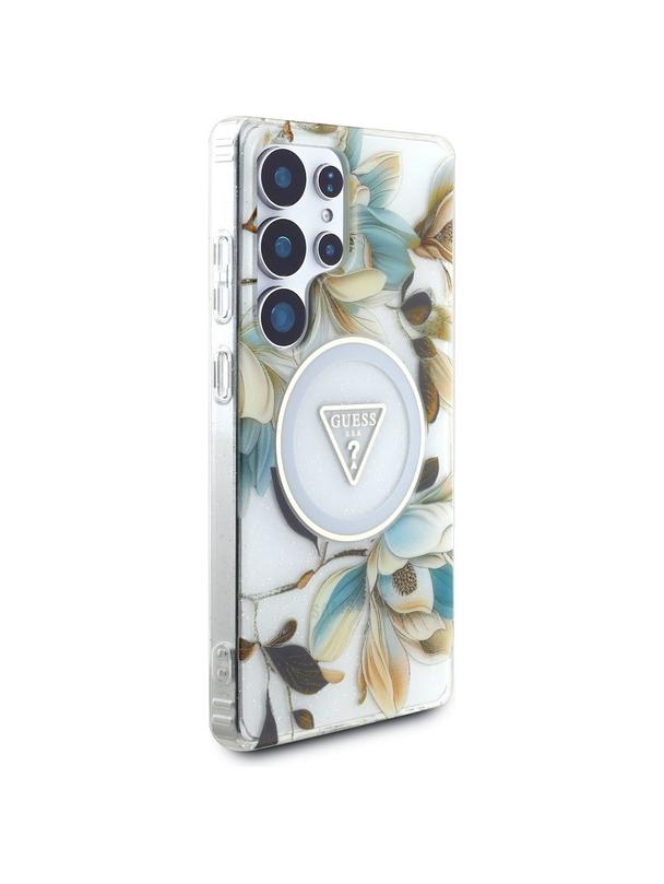 GUESS futerał do SAMSUNG S25 Ultra GUHMS25LHFLPEDH (Magnetic IML Metal Glitter Flowers Triangle) biały