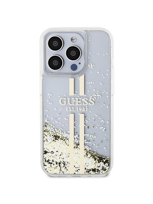 GUESS futerał do IPHONE 15 Pro Max GUHCP15XLFCSEGT (Liquid Glitter Gold Stripes) transparentny