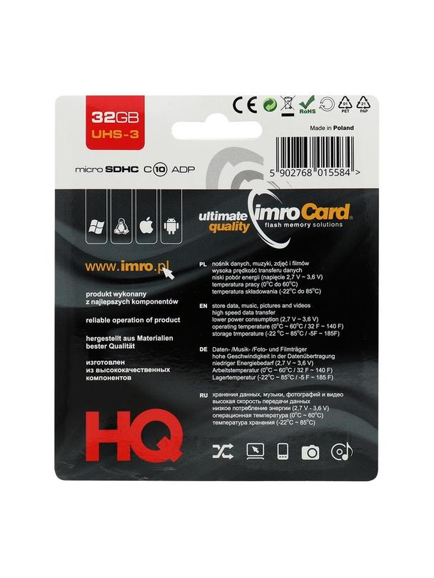 IMRO karta pamięci microSD 32GB 100MB/s class 10 UHS 3 z adapterem SD