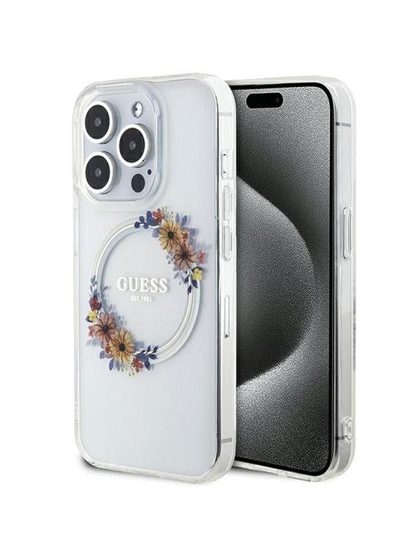 GUESS futerał do IPHONE 15 Pro kompatybilny z MagSafe GUHMP15LHFWFCT (Flowers Wreath) transparentny