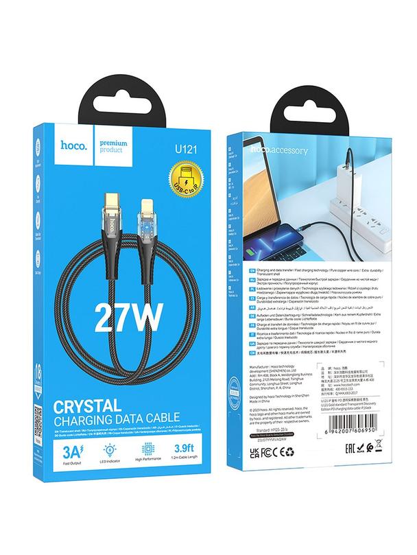 Kabel USB C do Lightning Hoco PD 27W 1,2 m U121 czarny transparentny