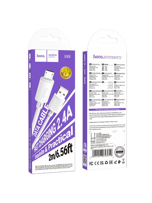 Kabel USB A do Micro USB Hoco 2,4A 2 m X88 biały