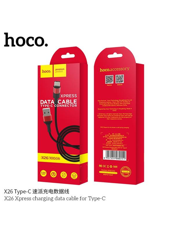 Kabel USB A do USB C Hoco 2A 1 m X26 czarno czerwony
